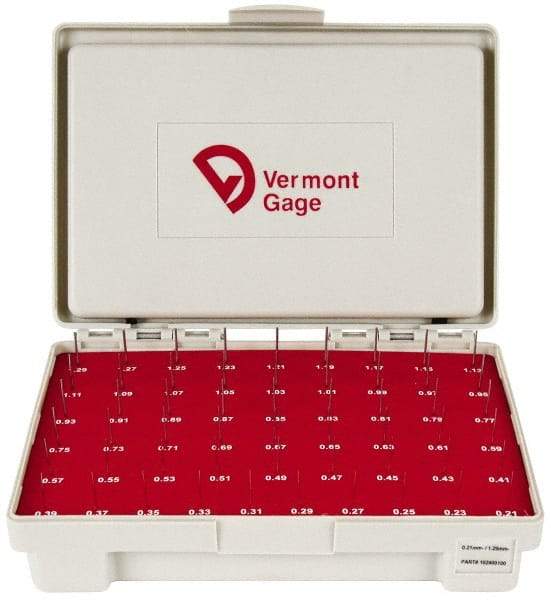 Vermont Gage - 55 Piece, 0.21-1.29 mm Diameter Plug and Pin Gage Set - Minus 0.01 mm Tolerance, Class ZZ - Apex Tool & Supply