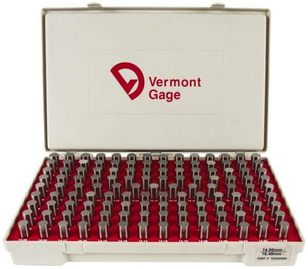 Vermont Gage - 125 Piece, 14-16.48 mm Diameter Plug and Pin Gage Set - Minus 0.01 mm Tolerance, Class ZZ - Apex Tool & Supply