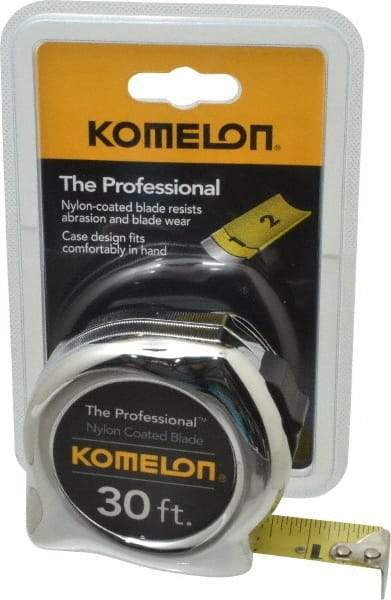 Komelon - 30' x 1" Yellow Blade Tape Measure - 1/16" Graduation, Inch Graduation Style, Silver Case - Apex Tool & Supply