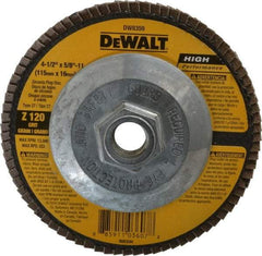 DeWALT - 120 Grit, 4-1/2" Disc Diam, 5/8-11 Center Hole, Type 27 Zirconia Alumina Flap Disc - 13,300 Max RPM, Fiberglass Backing, Arbor Attaching System, Coated - Apex Tool & Supply