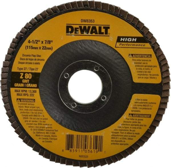DeWALT - 80 Grit, 4-1/2" Disc Diam, 7/8" Center Hole, Type 27 Zirconia Alumina Flap Disc - 13,300 Max RPM, Fiberglass Backing, Arbor Attaching System, Coated - Apex Tool & Supply