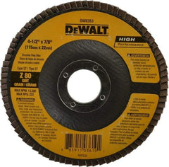 DeWALT - 80 Grit, 4-1/2" Disc Diam, 7/8" Center Hole, Type 27 Zirconia Alumina Flap Disc - 13,300 Max RPM, Fiberglass Backing, Arbor Attaching System, Coated - Apex Tool & Supply