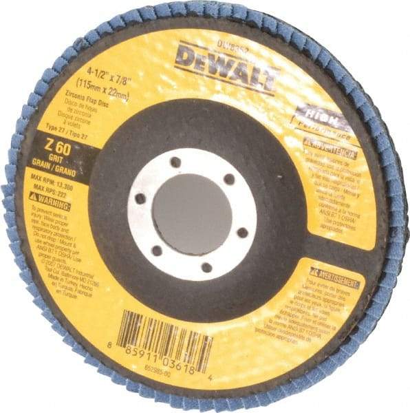 DeWALT - 60 Grit, 4-1/2" Disc Diam, 7/8" Center Hole, Type 27 Zirconia Alumina Flap Disc - 13,300 Max RPM, Fiberglass Backing, Arbor Attaching System, Coated - Apex Tool & Supply