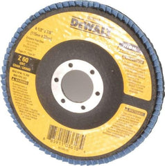 DeWALT - 60 Grit, 4-1/2" Disc Diam, 7/8" Center Hole, Type 27 Zirconia Alumina Flap Disc - 13,300 Max RPM, Fiberglass Backing, Arbor Attaching System, Coated - Apex Tool & Supply