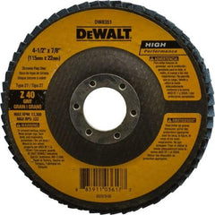 DeWALT - 40 Grit, 4-1/2" Disc Diam, 7/8" Center Hole, Type 27 Zirconia Alumina Flap Disc - 13,300 Max RPM, Fiberglass Backing, Arbor Attaching System, Coated - Apex Tool & Supply