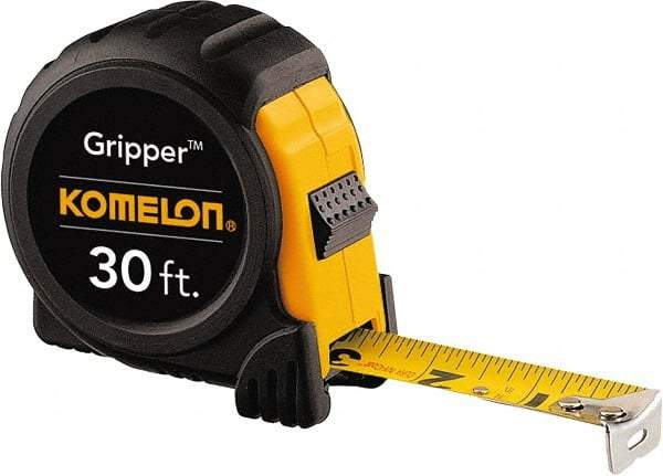 Komelon - 30' x 1" Yellow Steel Blade Tape Measure - 1/16" Graduation, Inch Graduation Style, Yellow/Black ABS Plastic Case - Apex Tool & Supply