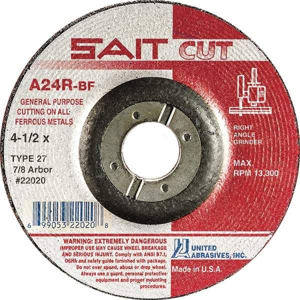 Sait - 3" 24 Grit Aluminum Oxide Cutoff Wheel - 1/8" Thick, 3/8" Arbor, 20,372 Max RPM, Use with Die Grinders - Apex Tool & Supply