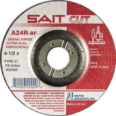 Sait - 24 Grit, 4" Wheel Diam, 1/8" Wheel Thickness, 3/8" Arbor Hole, Type 27 Depressed Center Wheel - Aluminum Oxide, Resinoid Bond, R Hardness, 13,500 Max RPM, Compatible with Angle Grinder - Apex Tool & Supply