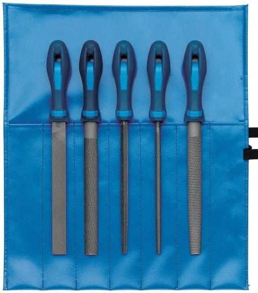 PFERD - 5 Piece American Pattern File Set - 10" Long, Bastard Coarseness, Ergonomic Handle, Set Includes Hand, Three Square, Square, Round, Tapered Half Round - Apex Tool & Supply