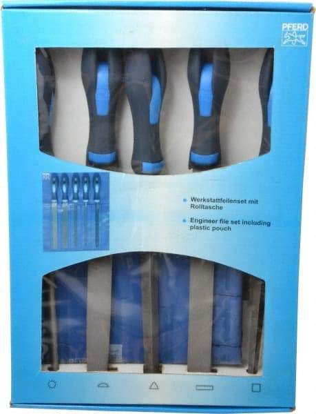 PFERD - 5 Piece American Pattern File Set - 8" Long, Second Coarseness, Ergonomic Handle, Set Includes Hand, Three Square, Square, Round, Tapered Half Round - Apex Tool & Supply