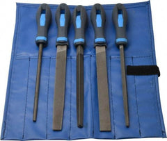 PFERD - 5 Piece American Pattern File Set - 8" Long, Bastard Coarseness, Ergonomic Handle, Set Includes Hand, Three Square, Square, Round, Tapered Half Round - Apex Tool & Supply
