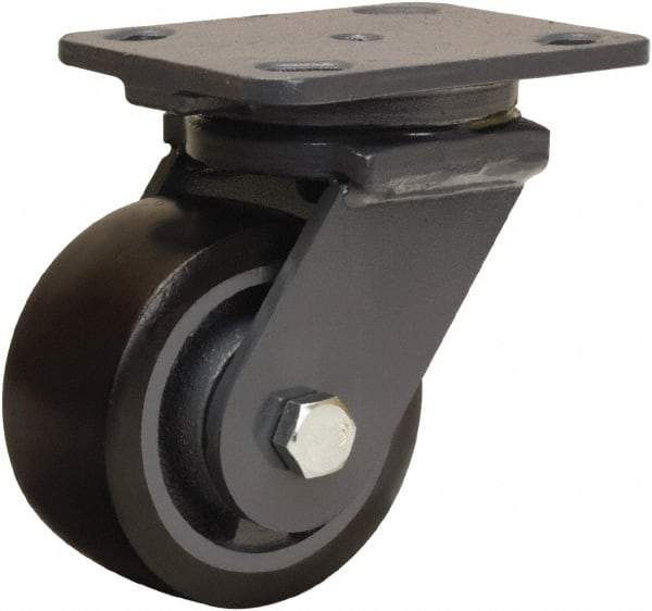 Hamilton - 4" Diam x 2" Wide x 5-5/8" OAH Top Plate Mount Swivel Caster - Polyurethane Mold onto Cast Iron Center, 975 Lb Capacity, Sealed Precision Ball Bearing, 4 x 5" Plate - Apex Tool & Supply