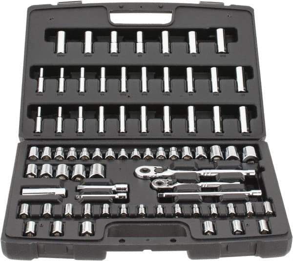 Stanley - 75 Piece 1/4 & 3/8" Drive Standard Deep Socket Set - 3/16 to 13/16", 4 to 19mm, Inch/Metric Measurement Standard - Apex Tool & Supply