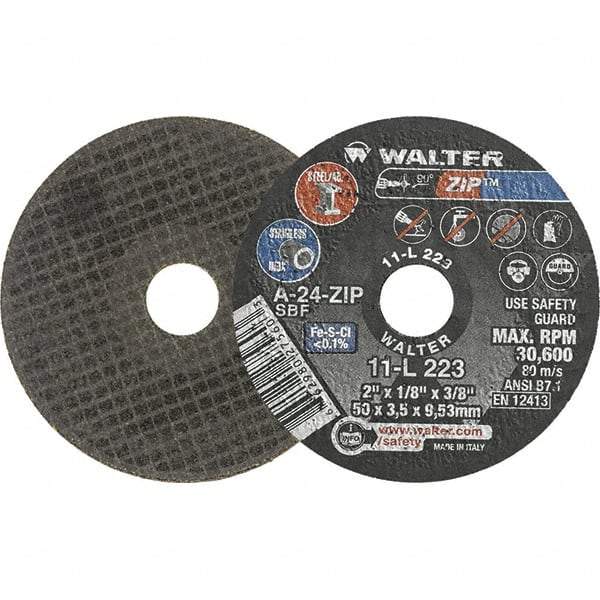 WALTER Surface Technologies - 2" 24 Grit Aluminum Oxide Cutoff Wheel - 1/8" Thick, 3/8" Arbor, 30,600 Max RPM, Use with Die Grinders - Apex Tool & Supply