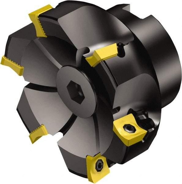 Sandvik Coromant - 8 Inserts, 125mm Cut Diam, 38.1mm Arbor Diam, 11mm Max Depth of Cut, Indexable Square-Shoulder Face Mill - 90° Lead Angle, 63mm High, R590-1105.. Insert Compatibility, Through Coolant, Series CoroMill Century - Apex Tool & Supply