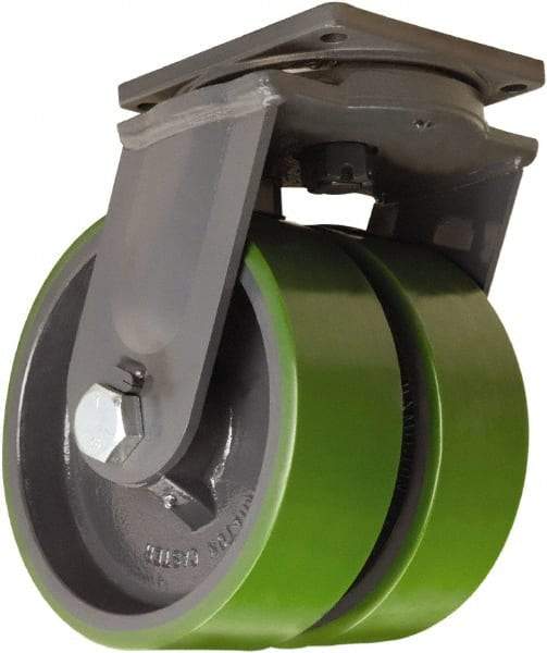 Hamilton - 12" Diam x 3" Wide x 15-1/2" OAH Top Plate Mount Dual Swivel Caster - Polyurethane Mold onto Cast Iron Center, 7,000 Lb Capacity, Tapered Roller Bearing, 8-1/2 x 8-1/2" Plate - Apex Tool & Supply