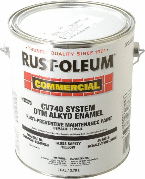 Rust-Oleum - 1 Gal Safety Yellow Gloss Finish Alkyd Enamel Paint - 278 to 509 Sq Ft per Gal, Interior/Exterior, Direct to Metal, <100 gL VOC Compliance - Apex Tool & Supply