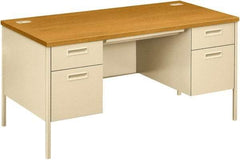 Hon - Laminate Top & Metal Base Double Pedestal Desk with Center Drawer - 60" Wide x 30" Deep x 29-1/2" High, Harvest/Putty - Apex Tool & Supply
