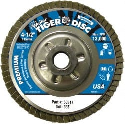 Weiler - 4-1/2" 36 Grit 5/8-11 Center Hole Type 29 Zirconia Alumina Flap Disc - Apex Tool & Supply