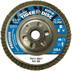 Weiler - 4-1/2" 36 Grit 5/8-11 Center Hole Type 29 Zirconia Alumina Flap Disc - Apex Tool & Supply