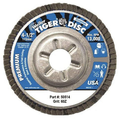 Weiler - 60 Grit, 4-1/2" Disc Diam, 5/8-11 Center Hole, Type 29 Zirconia Alumina Flap Disc - 13,000 Max RPM, Aluminum Backing, Coated - Apex Tool & Supply