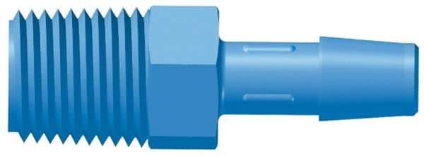 Made in USA - 1/4" Barb, 1/4, Polypropylene Single Barbed Tube Adapter - Blue, Male - Apex Tool & Supply