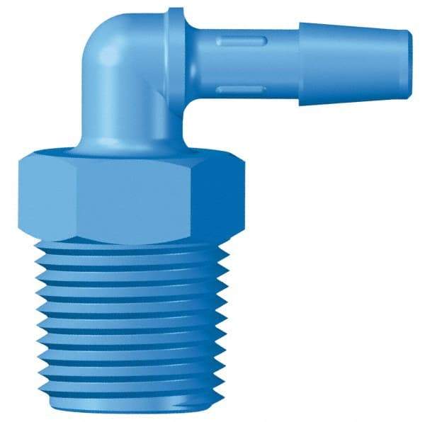 Made in USA - 1/4" Barb, 1/4, HDPE Single Barbed Tube Threaded Elbow - Blue, Male - Apex Tool & Supply
