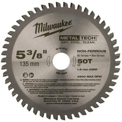 Milwaukee Tool - 5-3/8" Diam, 20mm Arbor Hole Diam, 50 Tooth Wet & Dry Cut Saw Blade - Carbide-Tipped, Standard Round Arbor - Apex Tool & Supply