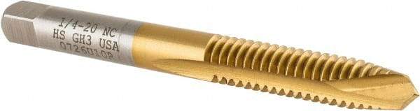 Hertel - 1/4-20 UNC, 2 Flute, TiN Finish, High Speed Steel Spiral Point Tap - Plug Chamfer, Right Hand Thread, 2-1/2" OAL, 3B Class of Fit - Exact Industrial Supply