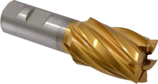 Hertel - 1-3/8", 2" LOC, 1" Shank Diam, 4-1/2" OAL, 6 Flute, High Speed Steel Square End Mill - Single End, TiN Finish, Spiral Flute, 30° Helix, Right Hand Cut, Right Hand Flute - Apex Tool & Supply