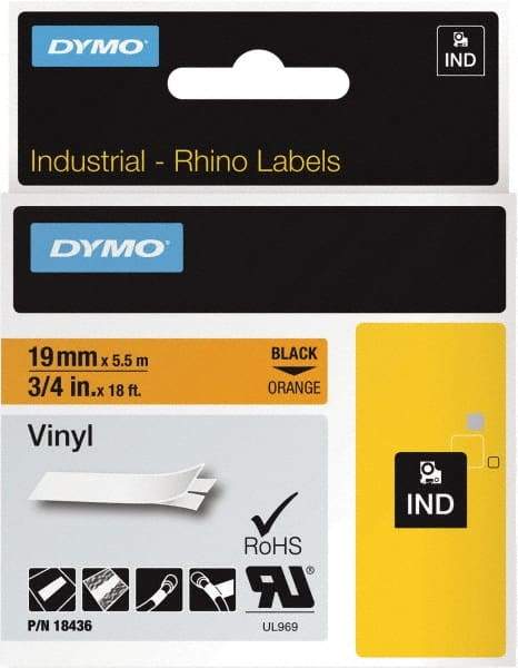 Dymo - 216" Long, Black on Orange Label Printer Cartridge - For DYMO Brand Labeling Equipment Designed for "D1" Tapes (Check Width Compatibility), RHINO 4200, 5200, 6000, 6500, 5000 - Apex Tool & Supply