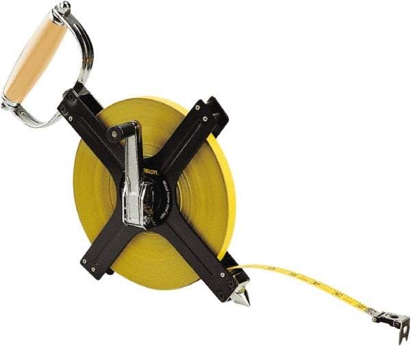 Komelon - 300' x 1/2" Yellow Steel Blade Tape Measure - 1/8" Graduation, Black Metal Case - Apex Tool & Supply