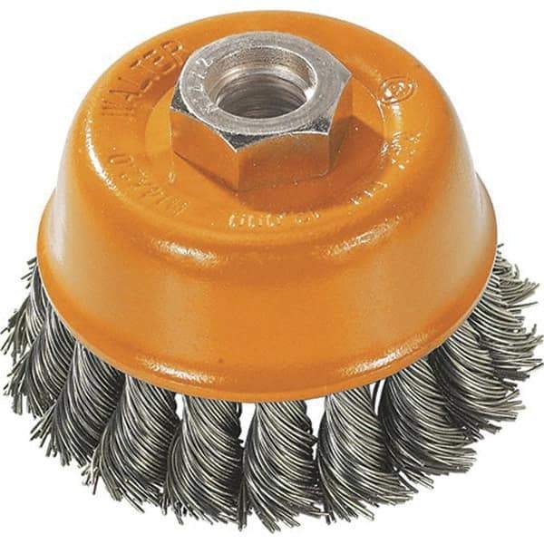 WALTER Surface Technologies - 3" Diam, 5/8-11 Threaded Arbor, Steel Fill Cup Brush - 0.015 Wire Diam, 12,000 Max RPM - Apex Tool & Supply