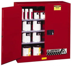 Justrite - 2 Door, 3 Shelf, Red Steel Standard Safety Cabinet for Flammable and Combustible Liquids - 44" High x 43" Wide x 18" Deep, Manual Closing Door, 3 Point Key Lock, 40 Gal Capacity - Apex Tool & Supply