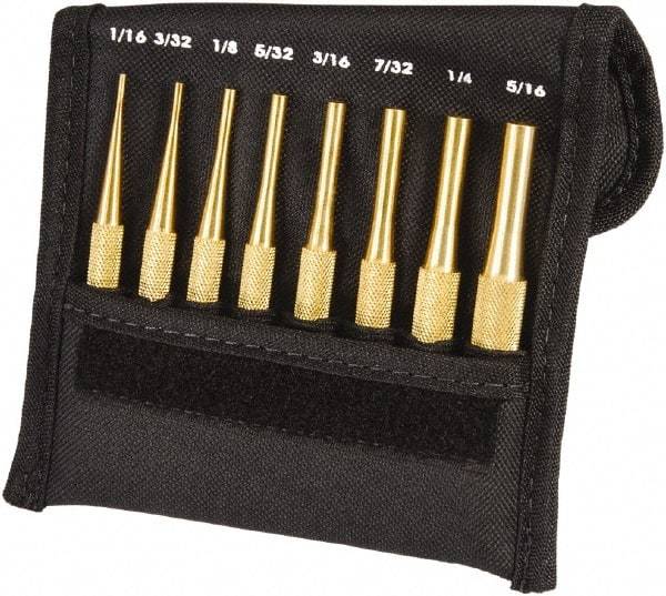 Starrett - 8 Piece, 1/16 to 5/16", Pin Punch Set - Round Shank, Brass, Comes in Pouch - Apex Tool & Supply