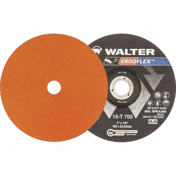 WALTER Surface Technologies - 36 Grit, 5" Disc Diam, 7/8" Center Hole, Type 29 Ceramic Flap Disc - 12,200 Max RPM, Fiber Backing, Arbor Attaching System, Coated - Apex Tool & Supply