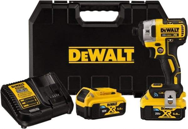 DeWALT - 20 Volt, 1/4" Drive, 152 Ft/Lb Torque, Cordless Impact Driver - Pistol Grip Handle, 3250 RPM, 2 Lithium-Ion Batteries Included - Apex Tool & Supply