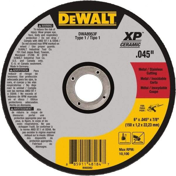DeWALT - 6" Ceramic Cutoff Wheel - 0.045" Thick, 7/8" Arbor, 10,100 Max RPM, Use with Angle Grinders - Apex Tool & Supply