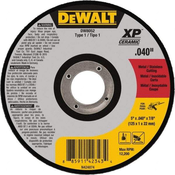 DeWALT - 5" Ceramic Cutoff Wheel - 0.04" Thick, 7/8" Arbor, 12,200 Max RPM, Use with Angle Grinders - Apex Tool & Supply