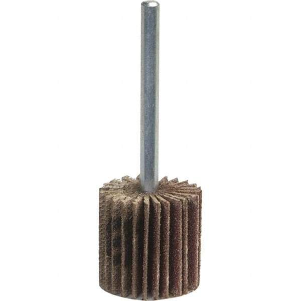Norton - 1-1/2" Diam x 1-1/2" Face Width, Medium Aluminum Oxide Coated Mounted Flap Wheel - 1/4" Shank Mount, 120 Grit, Y Weighted Cloth Backing, 25,000 Max RPM - Apex Tool & Supply