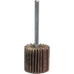Norton - 1-1/2" Diam x 1-1/2" Face Width, Medium Aluminum Oxide Coated Mounted Flap Wheel - 1/4" Shank Mount, 120 Grit, Y Weighted Cloth Backing, 25,000 Max RPM - Apex Tool & Supply