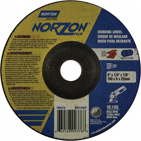 Norton - 20 Grit, 6" Wheel Diam, 1/4" Wheel Thickness, 7/8" Arbor Hole, Type 27 Depressed Center Wheel - Extra Coarse Grade, Ceramic, 10,185 Max RPM - Apex Tool & Supply