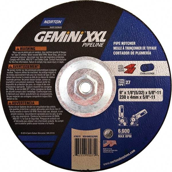 Norton - 30 Grit, 9" Wheel Diam, 1/8" Wheel Thickness, Type 27 Depressed Center Wheel - Extra Coarse Grade, Aluminum Oxide, 6,600 Max RPM - Apex Tool & Supply