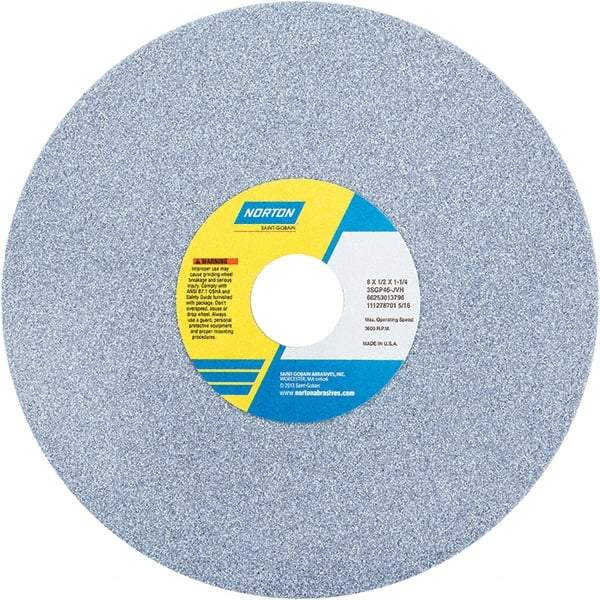 Norton - 8" Diam x 1-1/4" Hole x 1/2" Thick, J Hardness, 46 Grit Surface Grinding Wheel - Ceramic, Type 1, Coarse Grade, 3,600 Max RPM - Apex Tool & Supply