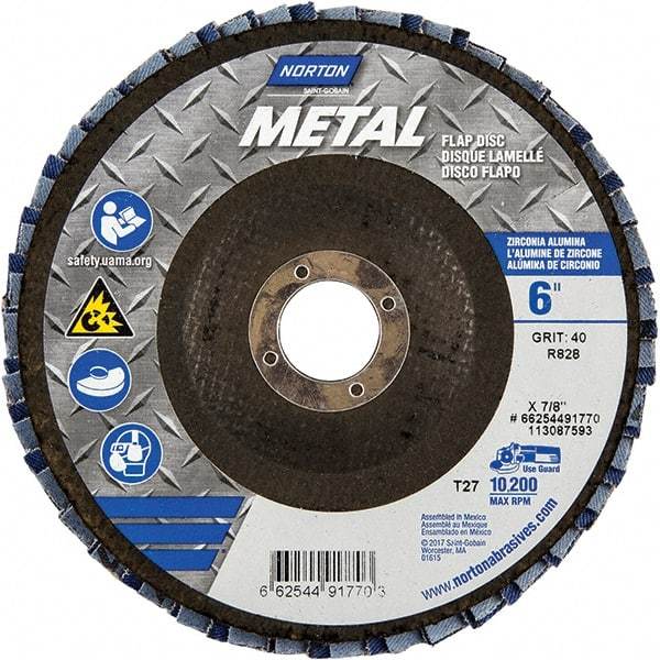 Norton - 40 Grit, 6" Disc Diam, 7/8" Center Hole, Type 27 Zirconia Alumina Flap Disc - 10,200 Max RPM, Fiberglass Backing, Arbor Attaching System, Coated - Apex Tool & Supply