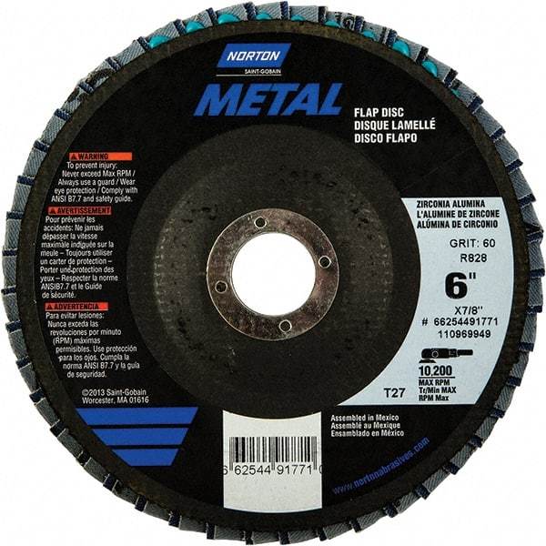 Norton - 60 Grit, 6" Disc Diam, 7/8" Center Hole, Type 27 Zirconia Alumina Flap Disc - 10,200 Max RPM, Fiberglass Backing, Arbor Attaching System, Coated - Apex Tool & Supply
