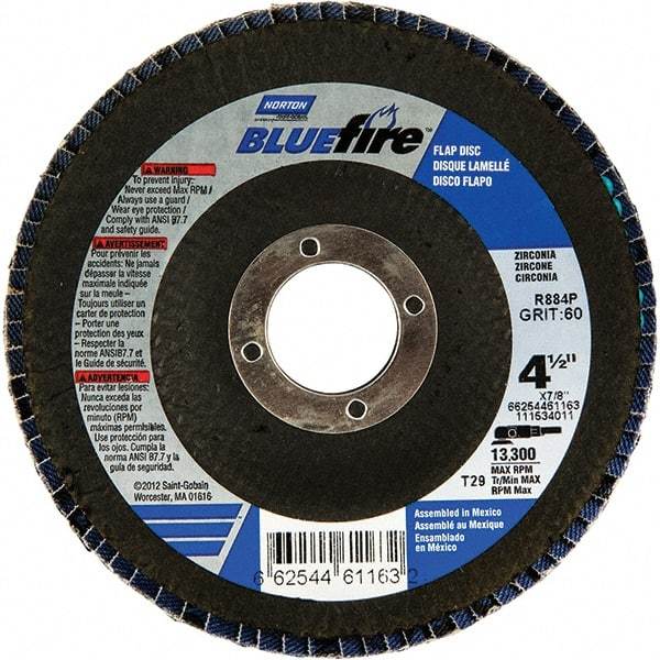 Norton - 24 Grit, 4-1/2" Disc Diam, 7/8" Center Hole, Type 29 Zirconia Alumina Flap Disc - 13,300 Max RPM, Fiberglass Backing, Arbor Attaching System, Coated - Apex Tool & Supply