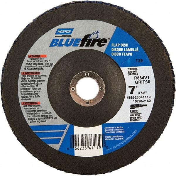 Norton - 24 Grit, 7" Disc Diam, 7/8" Center Hole, Type 29 Zirconia Alumina Flap Disc - 8,600 Max RPM, Fiberglass Backing, Arbor Attaching System, Coated - Apex Tool & Supply