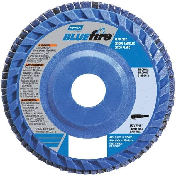 Norton - 60 Grit, 6" Disc Diam, 7/8" Center Hole, Type 27 Zirconia Alumina Flap Disc - 10,200 Max RPM, Cloth Backing, Arbor Attaching System, Coated - Apex Tool & Supply