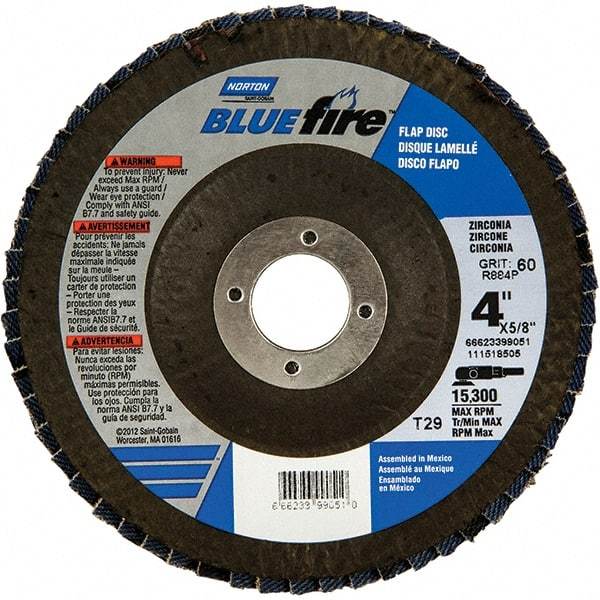 Norton - 80 Grit, 4" Disc Diam, 5/8" Center Hole, Type 29 Zirconia Alumina Flap Disc - 15,300 Max RPM, Fiberglass Backing, Arbor Attaching System, Coated - Apex Tool & Supply